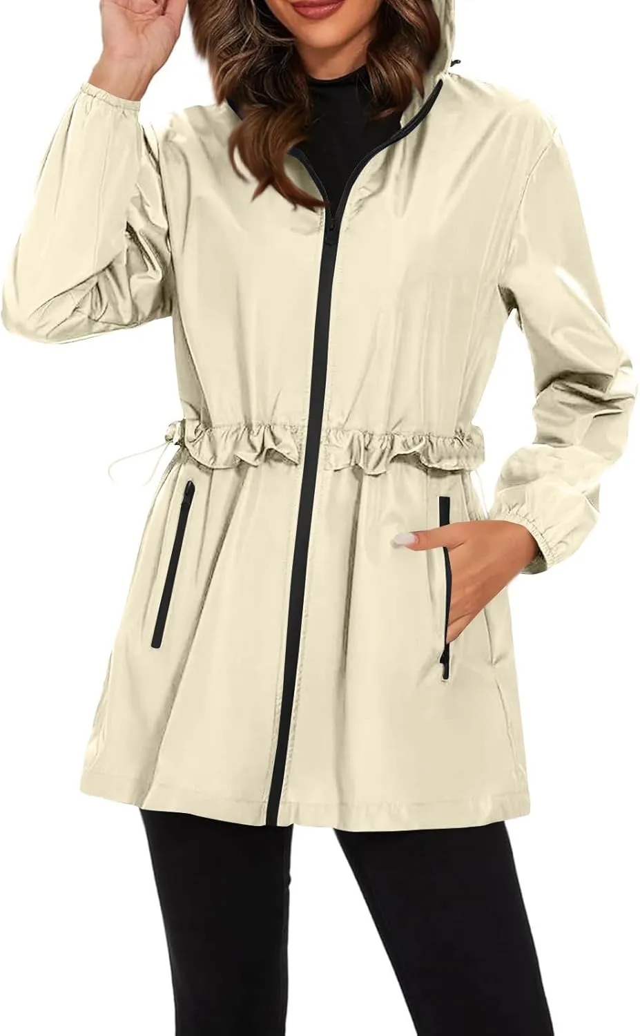 Womens Rain Jacket with Hood Lightweight Packable Waterproof Jackets Long Sleeve Windbreaker Rain Coats with Pockets