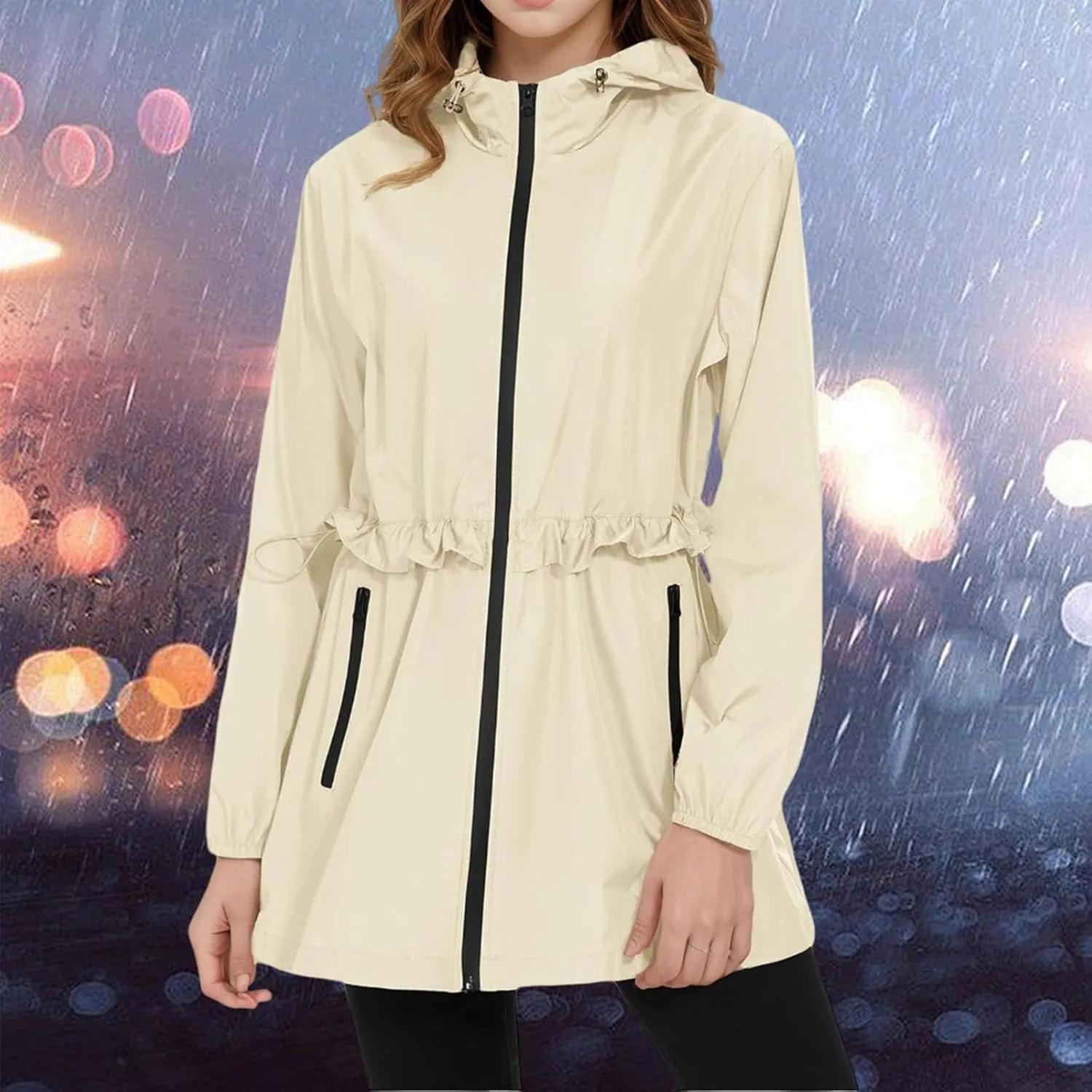 Womens Rain Jacket with Hood Lightweight Packable Waterproof Jackets Long Sleeve Windbreaker Rain Coats with Pockets