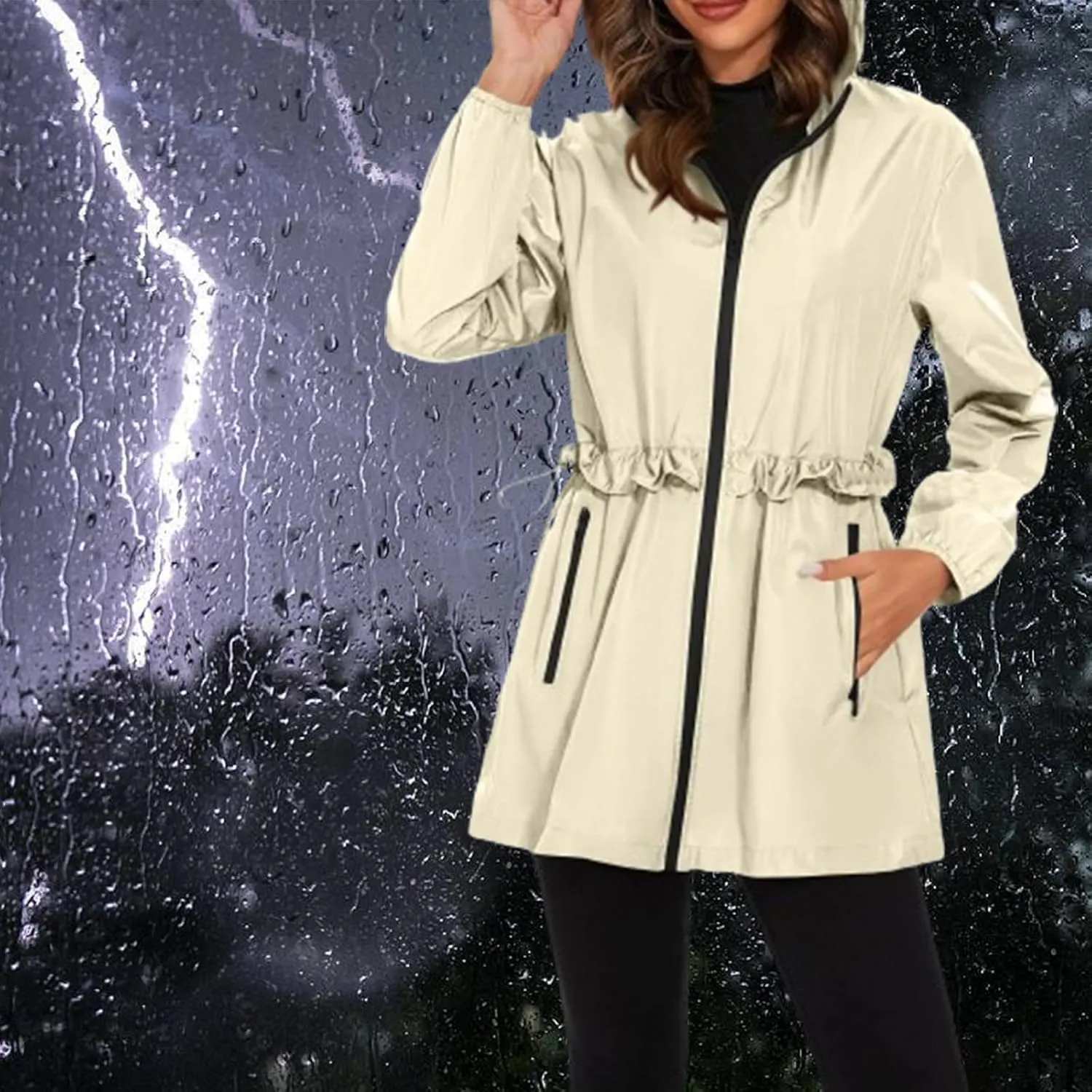 Womens Rain Jacket with Hood Lightweight Packable Waterproof Jackets Long Sleeve Windbreaker Rain Coats with Pockets