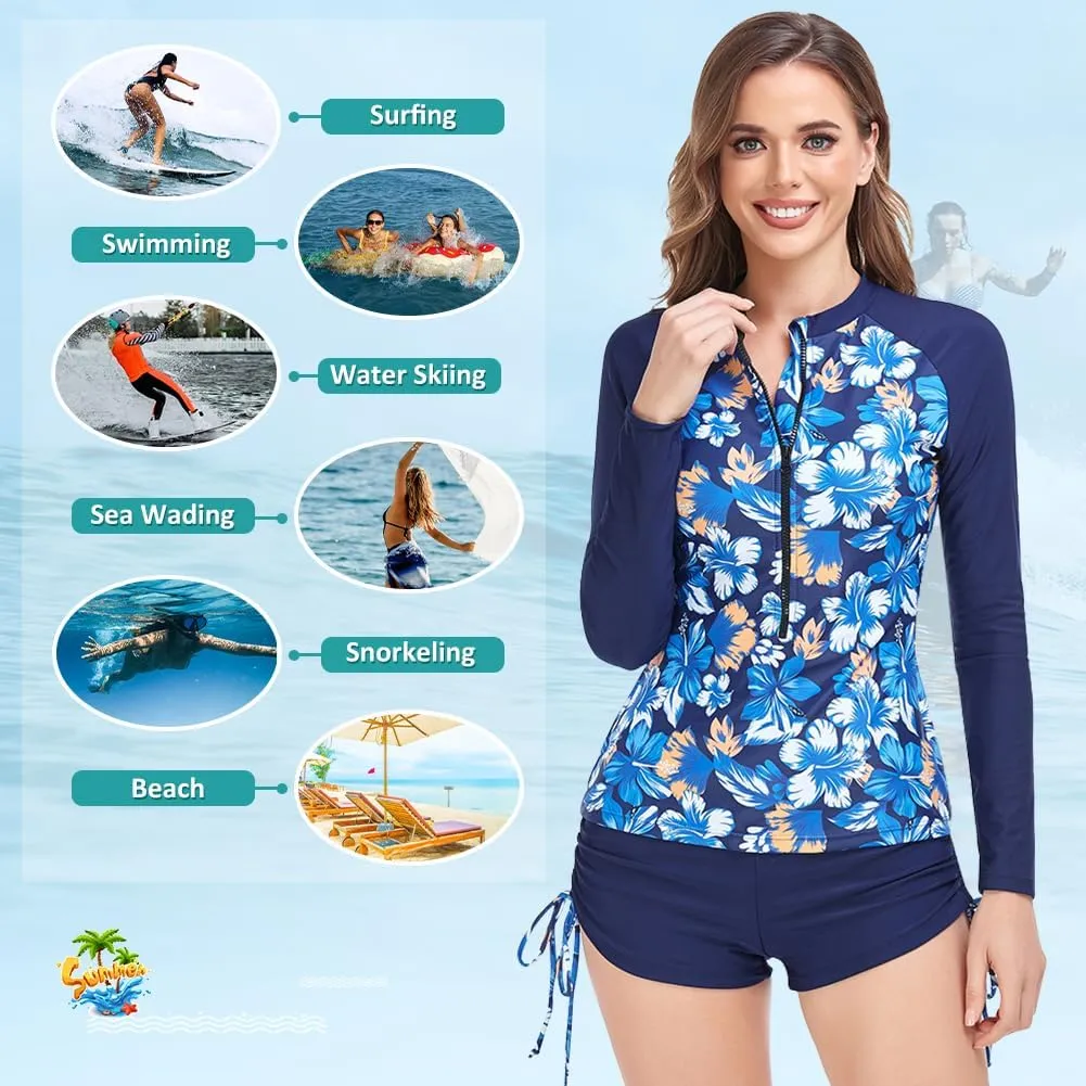 Women's Rash Guard 2 Piece Swimsuit UPF 50 Long Sleeve Zipper Swim Top with Boyshorts Surfing Swimming