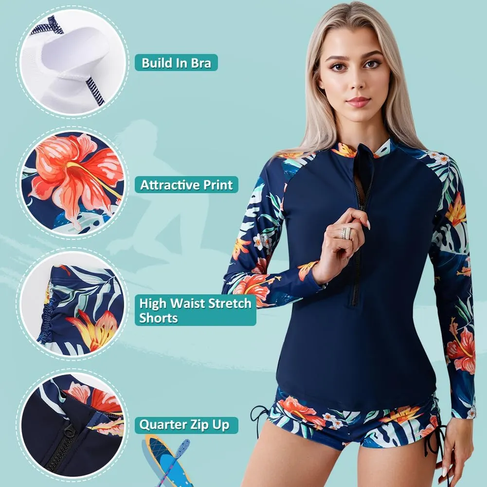 Women's Rash Guard 2 Piece Swimsuit UPF 50 Long Sleeve Zipper Swim Top with Boyshorts Surfing Swimming