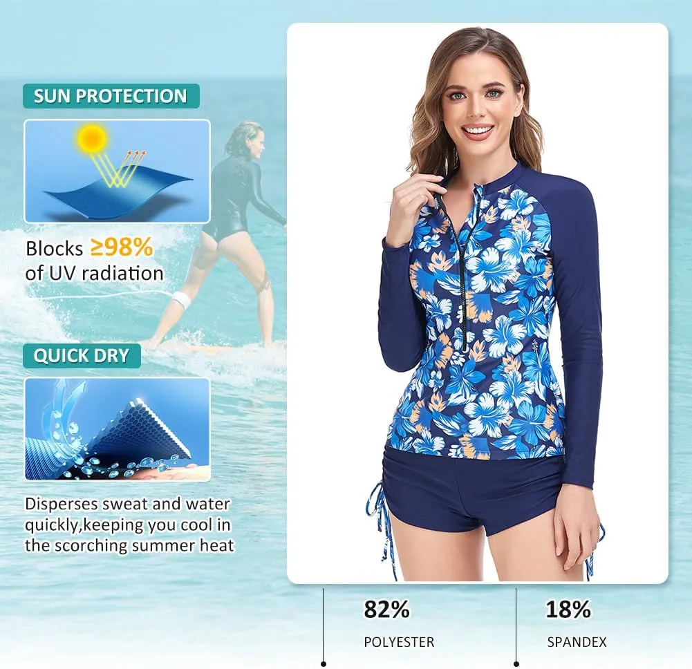 Women's Rash Guard 2 Piece Swimsuit UPF 50 Long Sleeve Zipper Swim Top with Boyshorts Surfing Swimming