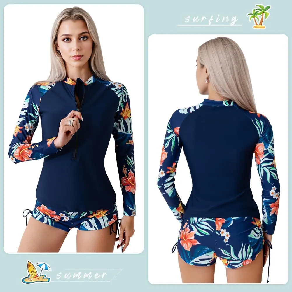 Women's Rash Guard 2 Piece Swimsuit UPF 50 Long Sleeve Zipper Swim Top with Boyshorts Surfing Swimming