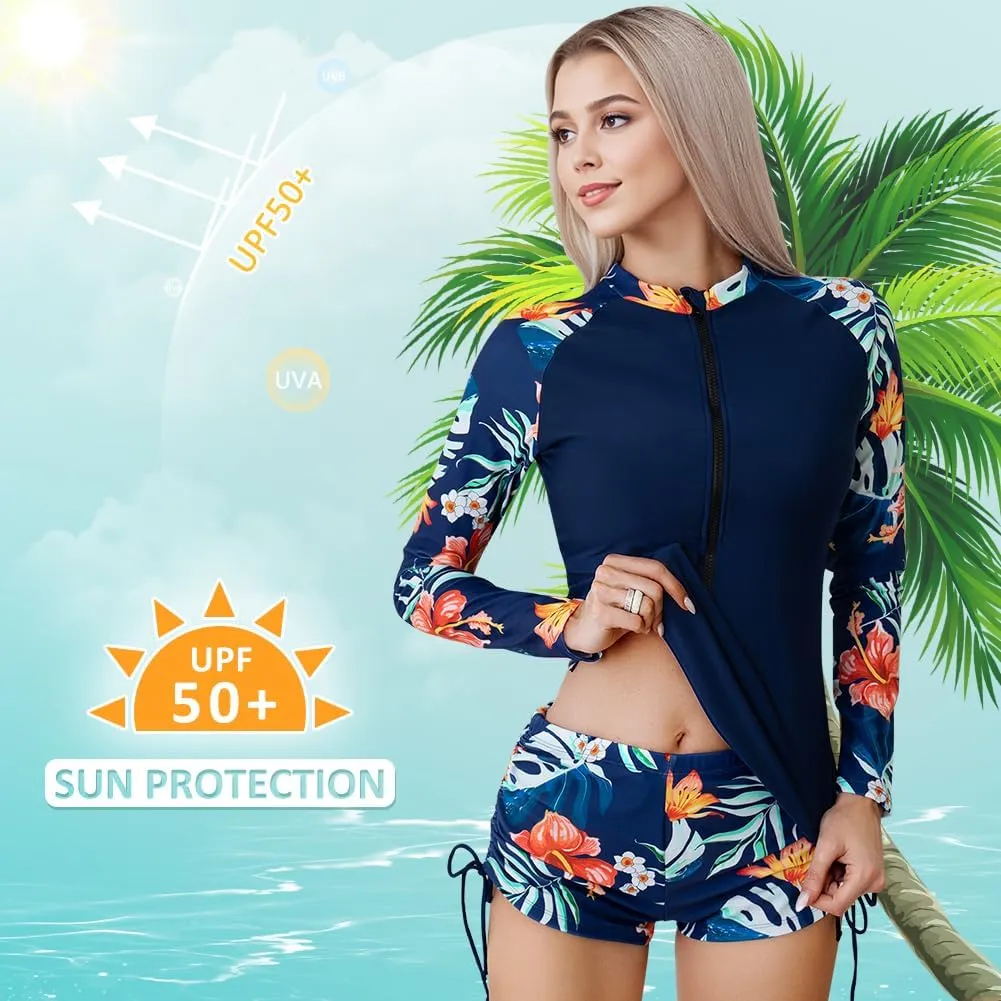 Women's Rash Guard 2 Piece Swimsuit UPF 50 Long Sleeve Zipper Swim Top with Boyshorts Surfing Swimming