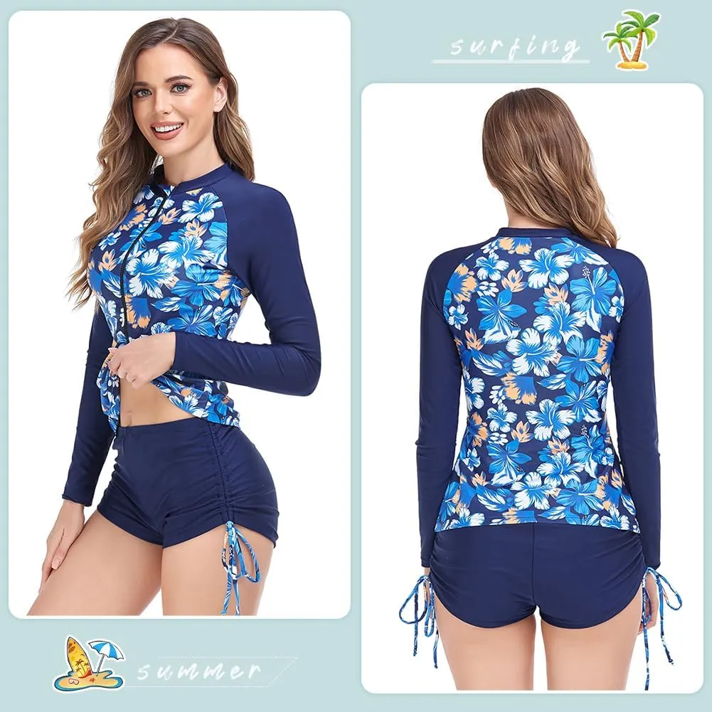 Women's Rash Guard 2 Piece Swimsuit UPF 50 Long Sleeve Zipper Swim Top with Boyshorts Surfing Swimming