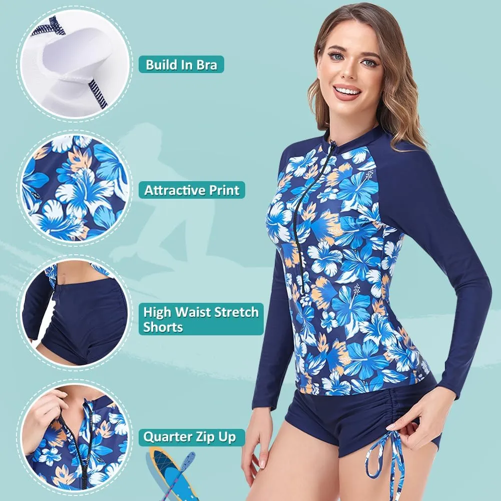 Women's Rash Guard 2 Piece Swimsuit UPF 50 Long Sleeve Zipper Swim Top with Boyshorts Surfing Swimming
