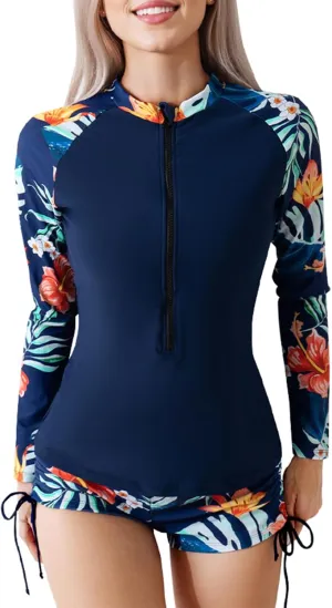 Women's Rash Guard 2 Piece Swimsuit UPF 50 Long Sleeve Zipper Swim Top with Boyshorts Surfing Swimming