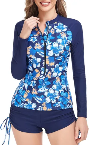 Women's Rash Guard 2 Piece Swimsuit UPF 50 Long Sleeve Zipper Swim Top with Boyshorts Surfing Swimming