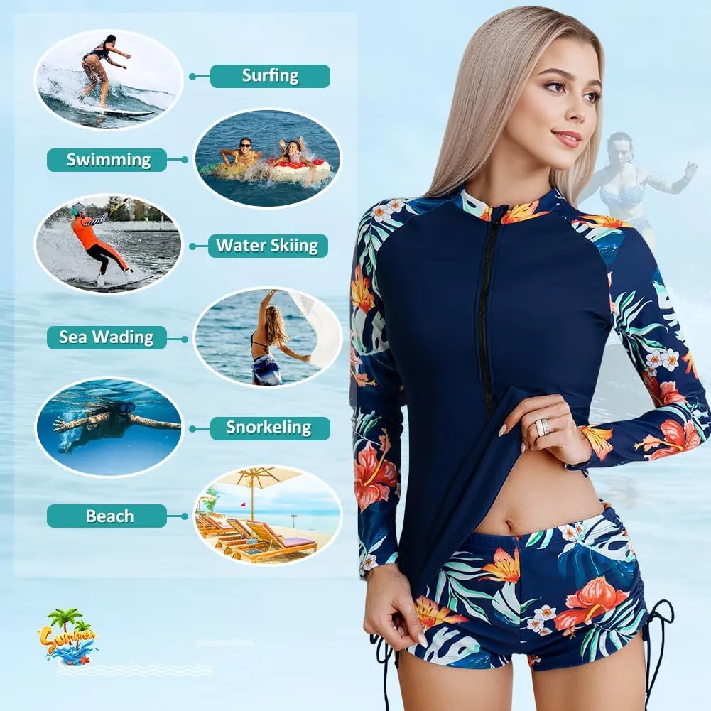 Women's Rash Guard 2 Piece Swimsuit UPF 50 Long Sleeve Zipper Swim Top with Boyshorts Surfing Swimming