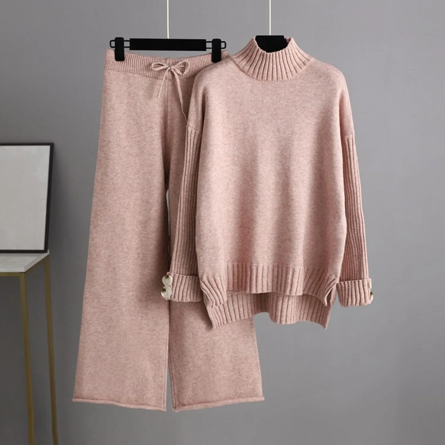 Womens Solid 2024 Wide Leg Turtle Neck Sweat Suits Set Knitted Side Split Sweatsuit Matching Sets Lounge Set Active