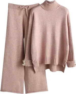 Womens Solid 2024 Wide Leg Turtle Neck Sweat Suits Set Knitted Side Split Sweatsuit Matching Sets Lounge Set Active