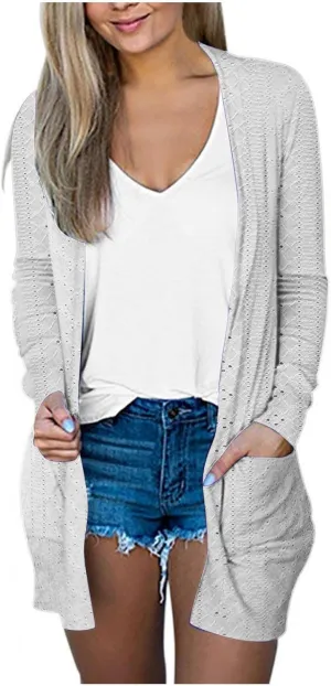 Womens Summer Eyelet Cardigans Long Sleeve Lightweight Open Front Cover Up Boho Summer Beach Coverups with Pockets