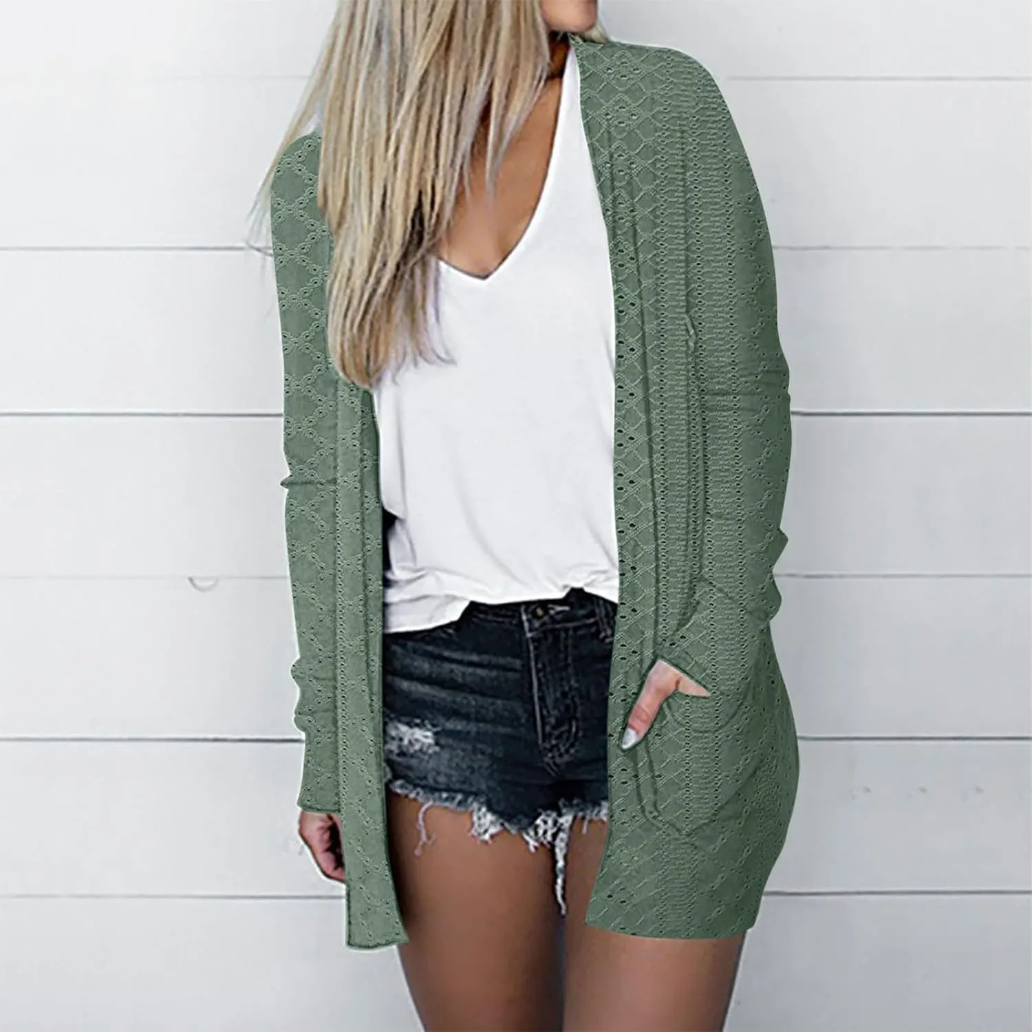 Womens Summer Eyelet Cardigans Long Sleeve Lightweight Open Front Cover Up Boho Summer Beach Coverups with Pockets
