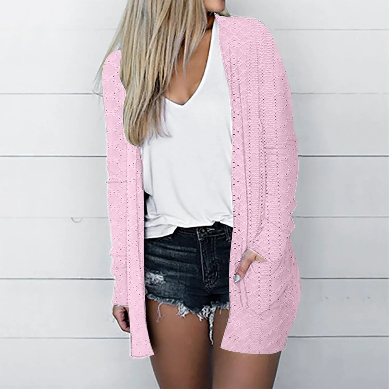 Womens Summer Eyelet Cardigans Long Sleeve Lightweight Open Front Cover Up Boho Summer Beach Coverups with Pockets