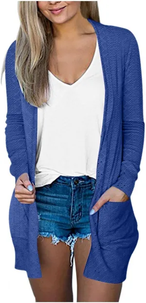Womens Summer Eyelet Cardigans Long Sleeve Lightweight Open Front Cover Up Boho Summer Beach Coverups with Pockets