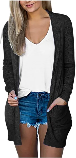 Womens Summer Eyelet Cardigans Long Sleeve Lightweight Open Front Cover Up Boho Summer Beach Coverups with Pockets