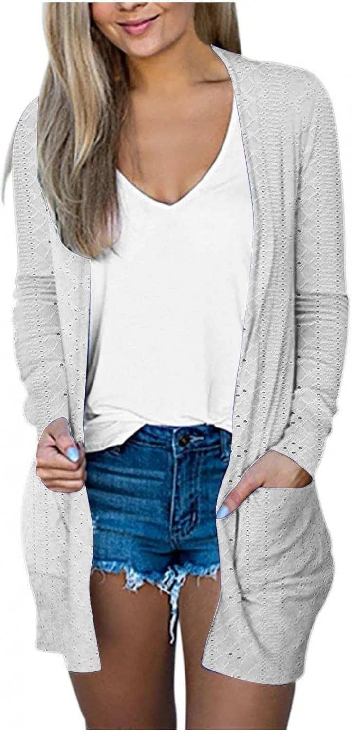 Womens Summer Eyelet Cardigans Long Sleeve Lightweight Open Front Cover Up Boho Summer Beach Coverups with Pockets