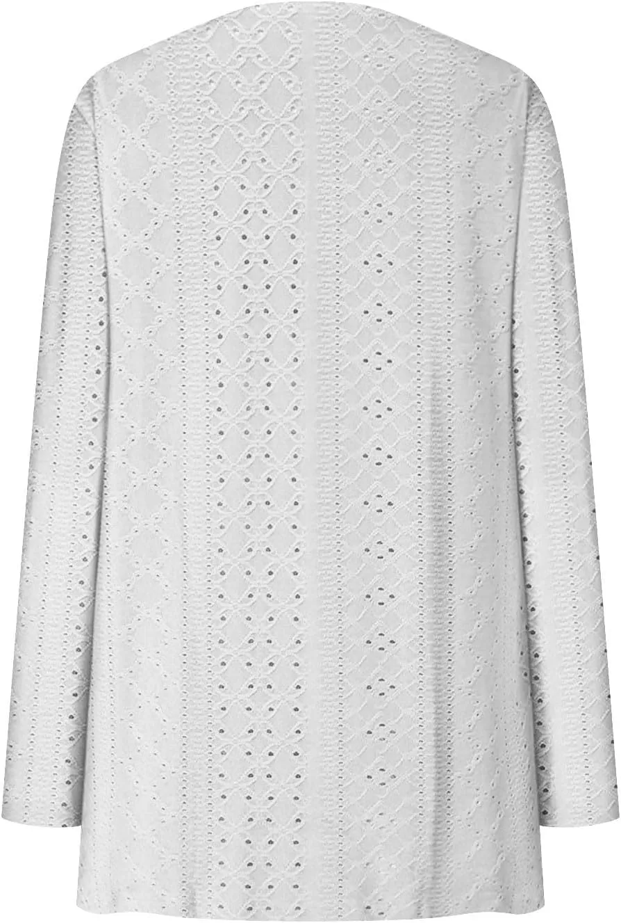 Womens Summer Eyelet Cardigans Long Sleeve Lightweight Open Front Cover Up Boho Summer Beach Coverups with Pockets