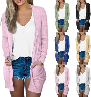 Womens Summer Eyelet Cardigans Long Sleeve Lightweight Open Front Cover Up Boho Summer Beach Coverups with Pockets