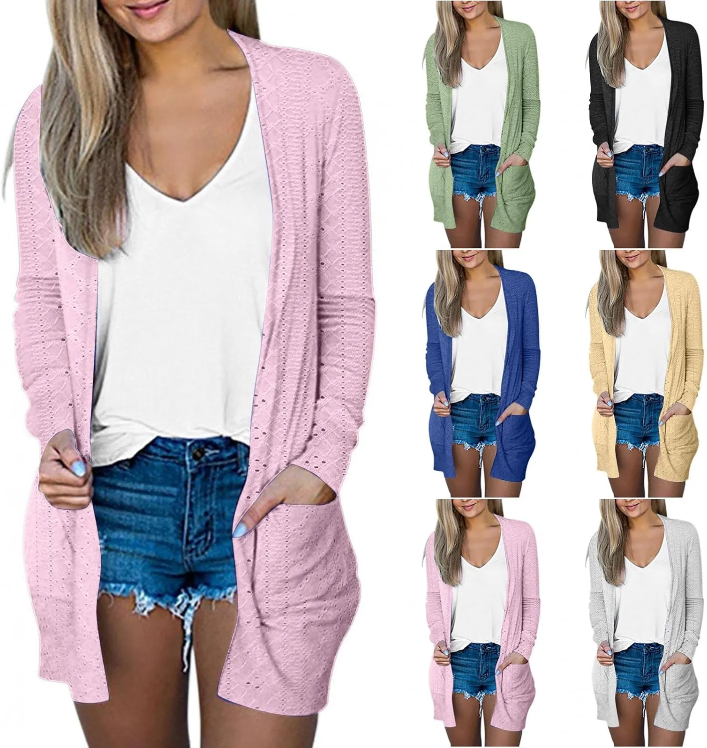 Womens Summer Eyelet Cardigans Long Sleeve Lightweight Open Front Cover Up Boho Summer Beach Coverups with Pockets