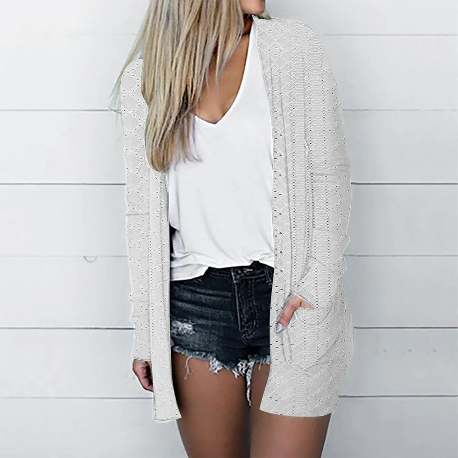 Womens Summer Eyelet Cardigans Long Sleeve Lightweight Open Front Cover Up Boho Summer Beach Coverups with Pockets