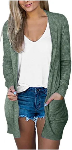 Womens Summer Eyelet Cardigans Long Sleeve Lightweight Open Front Cover Up Boho Summer Beach Coverups with Pockets