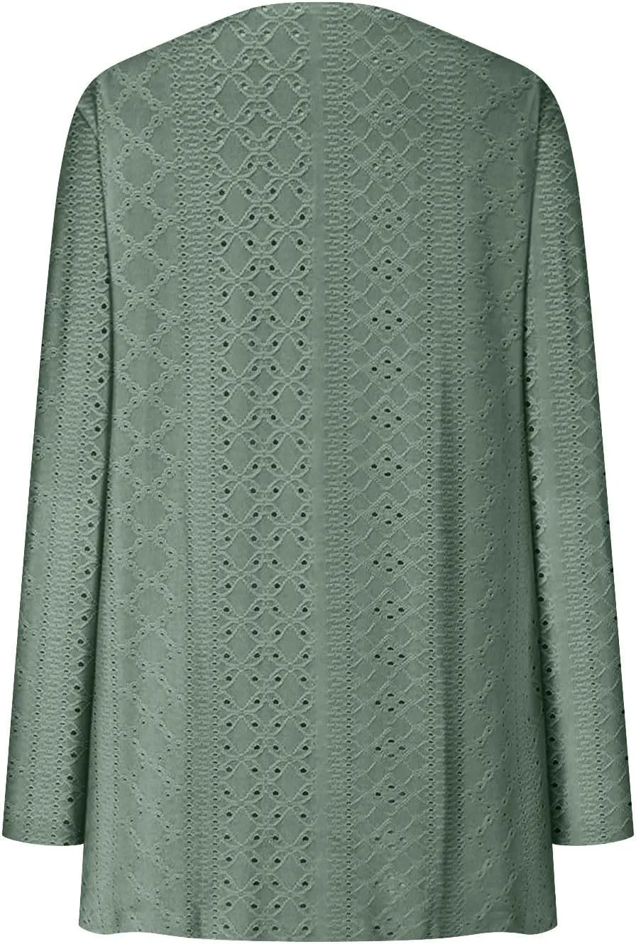 Womens Summer Eyelet Cardigans Long Sleeve Lightweight Open Front Cover Up Boho Summer Beach Coverups with Pockets