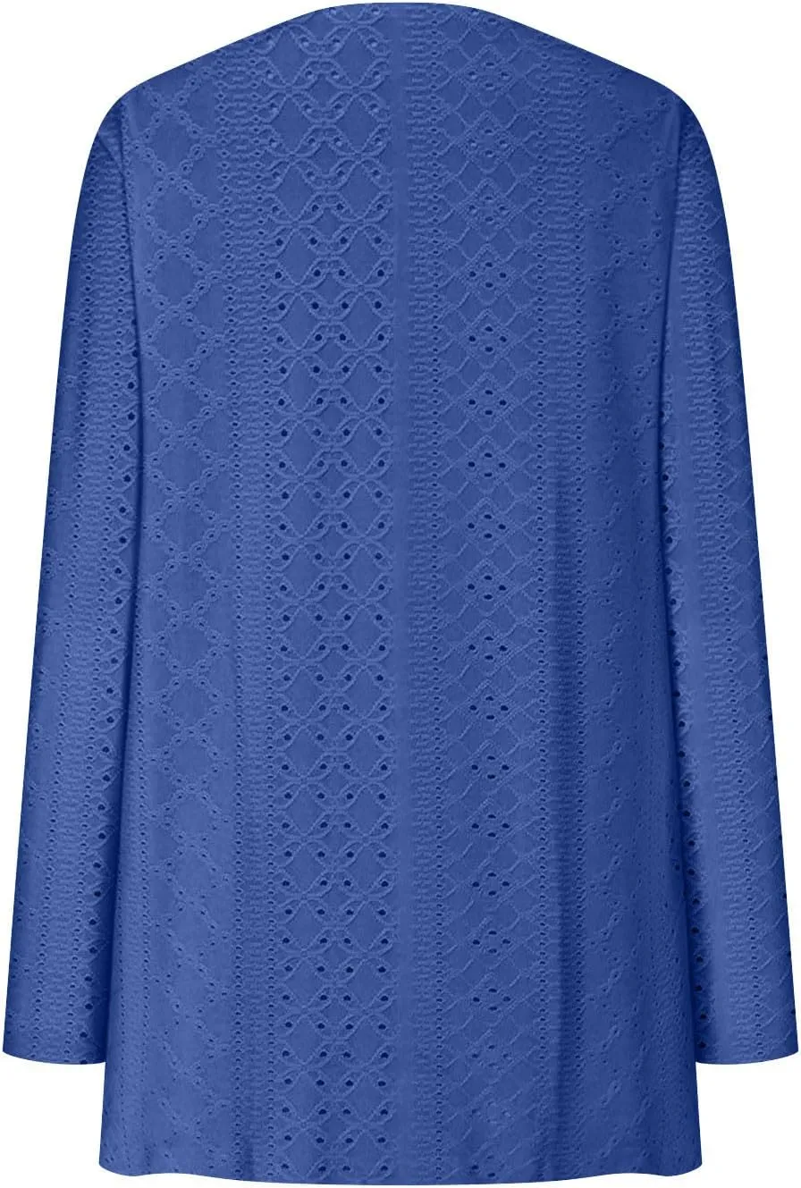 Womens Summer Eyelet Cardigans Long Sleeve Lightweight Open Front Cover Up Boho Summer Beach Coverups with Pockets