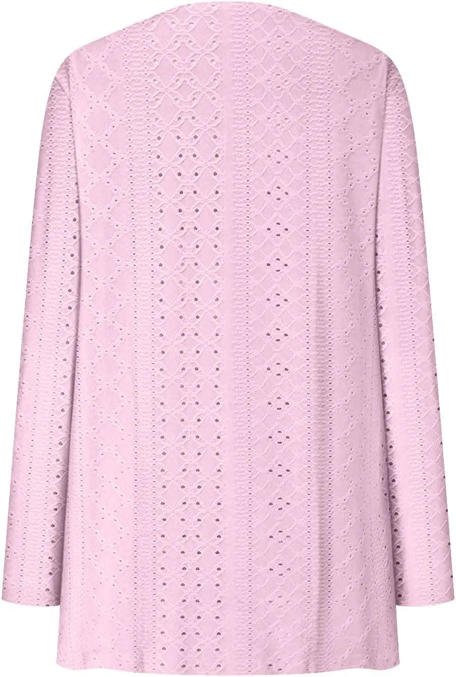 Womens Summer Eyelet Cardigans Long Sleeve Lightweight Open Front Cover Up Boho Summer Beach Coverups with Pockets