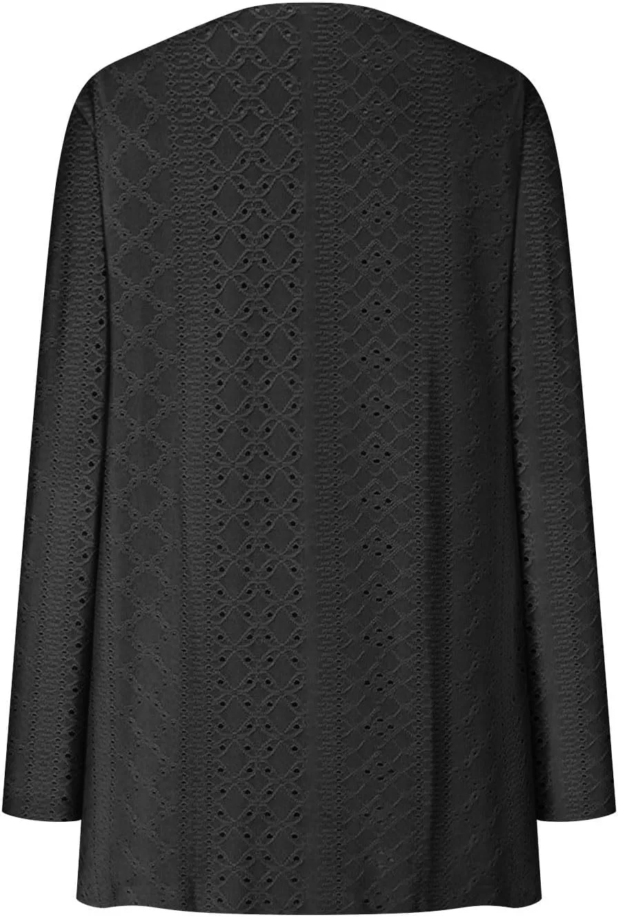 Womens Summer Eyelet Cardigans Long Sleeve Lightweight Open Front Cover Up Boho Summer Beach Coverups with Pockets