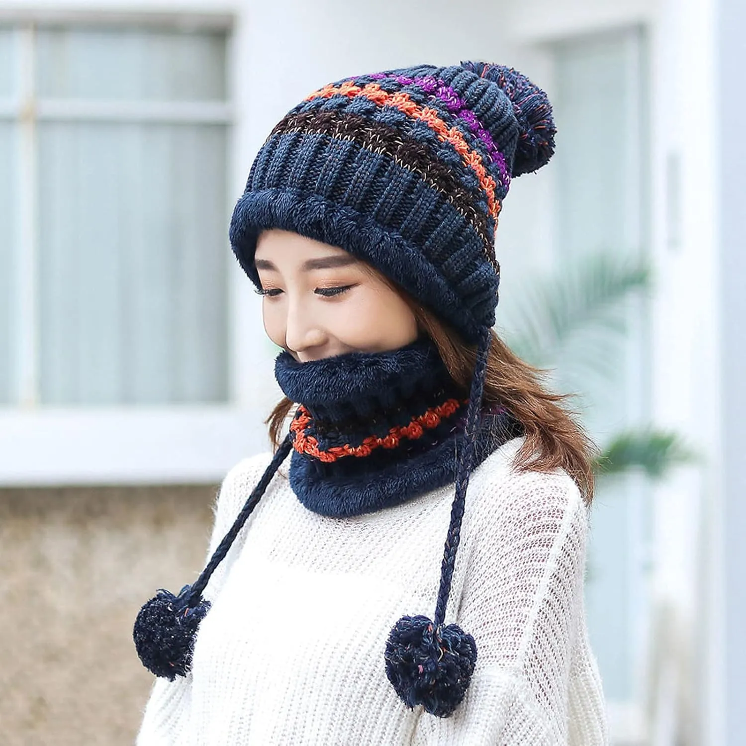 Womens Winter Beanie Hat Warm Fleece Lined Knitted Soft Ski Cap with Pom Pom Christmas Hat for Cold Weather