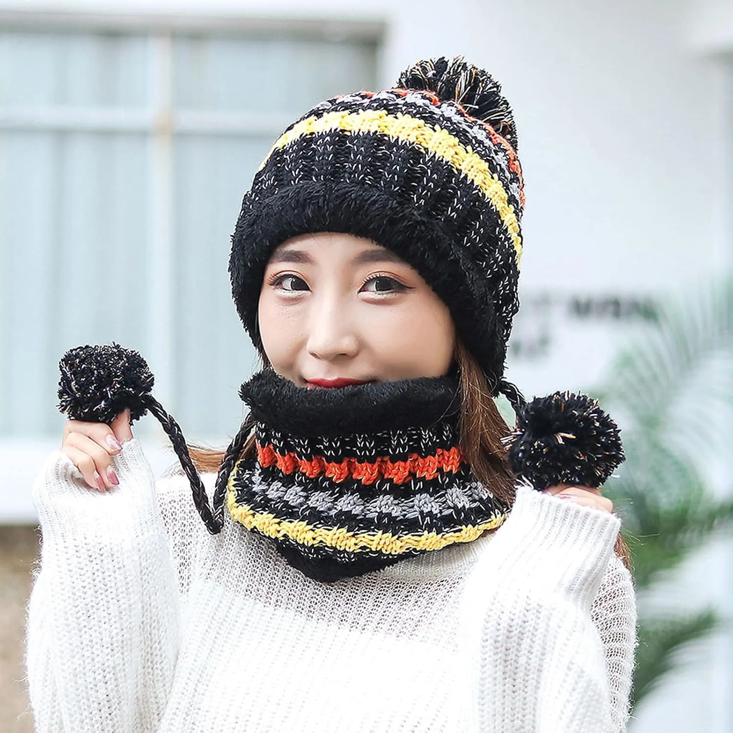 Womens Winter Beanie Hat Warm Fleece Lined Knitted Soft Ski Cap with Pom Pom Christmas Hat for Cold Weather