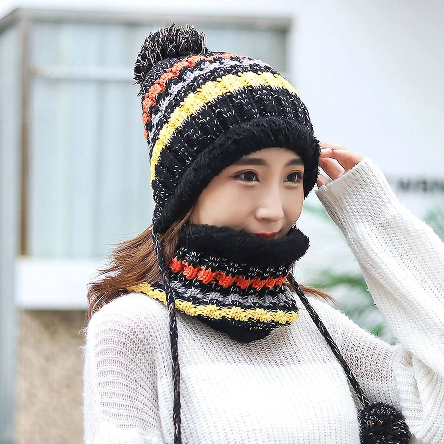 Womens Winter Beanie Hat Warm Fleece Lined Knitted Soft Ski Cap with Pom Pom Christmas Hat for Cold Weather