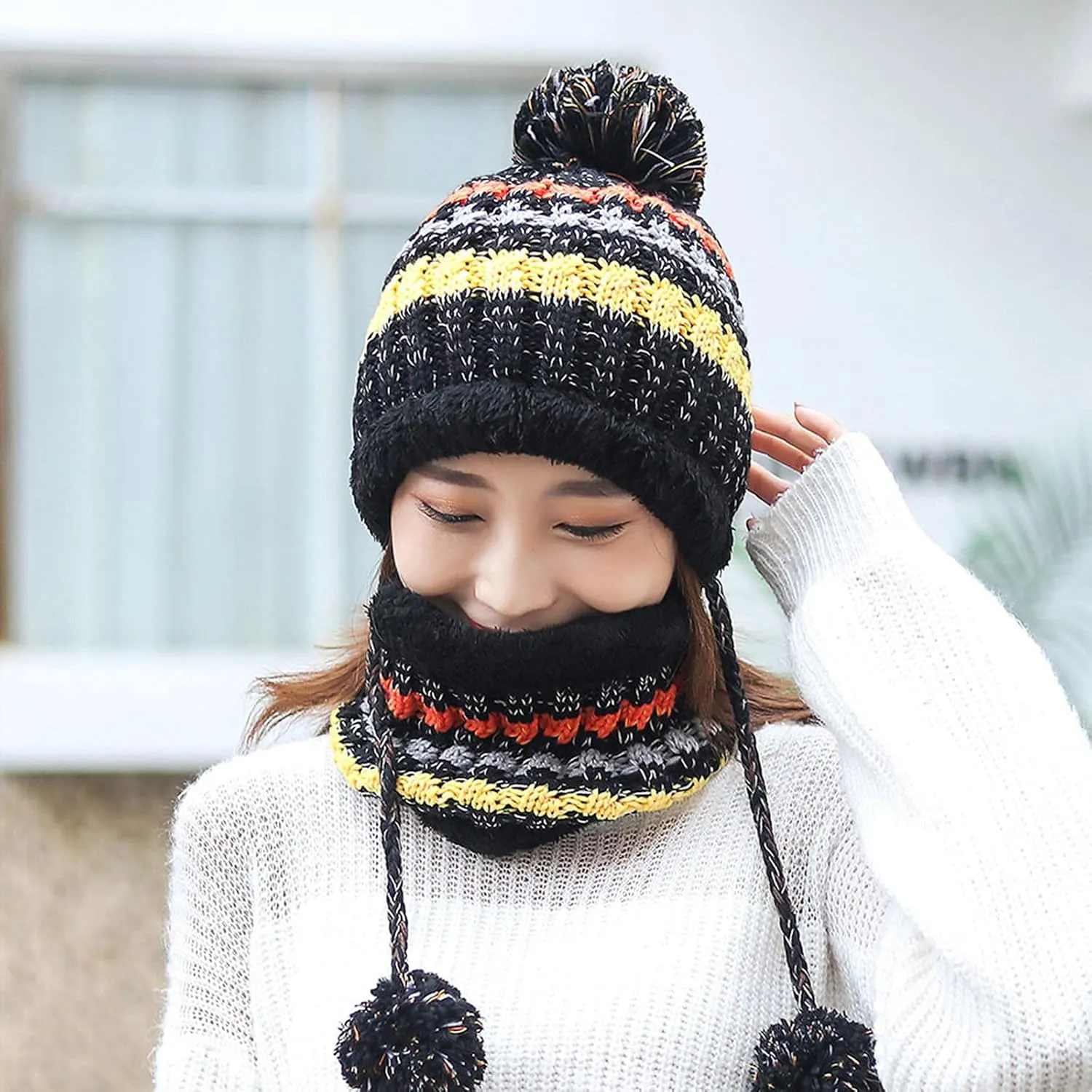 Womens Winter Beanie Hat Warm Fleece Lined Knitted Soft Ski Cap with Pom Pom Christmas Hat for Cold Weather