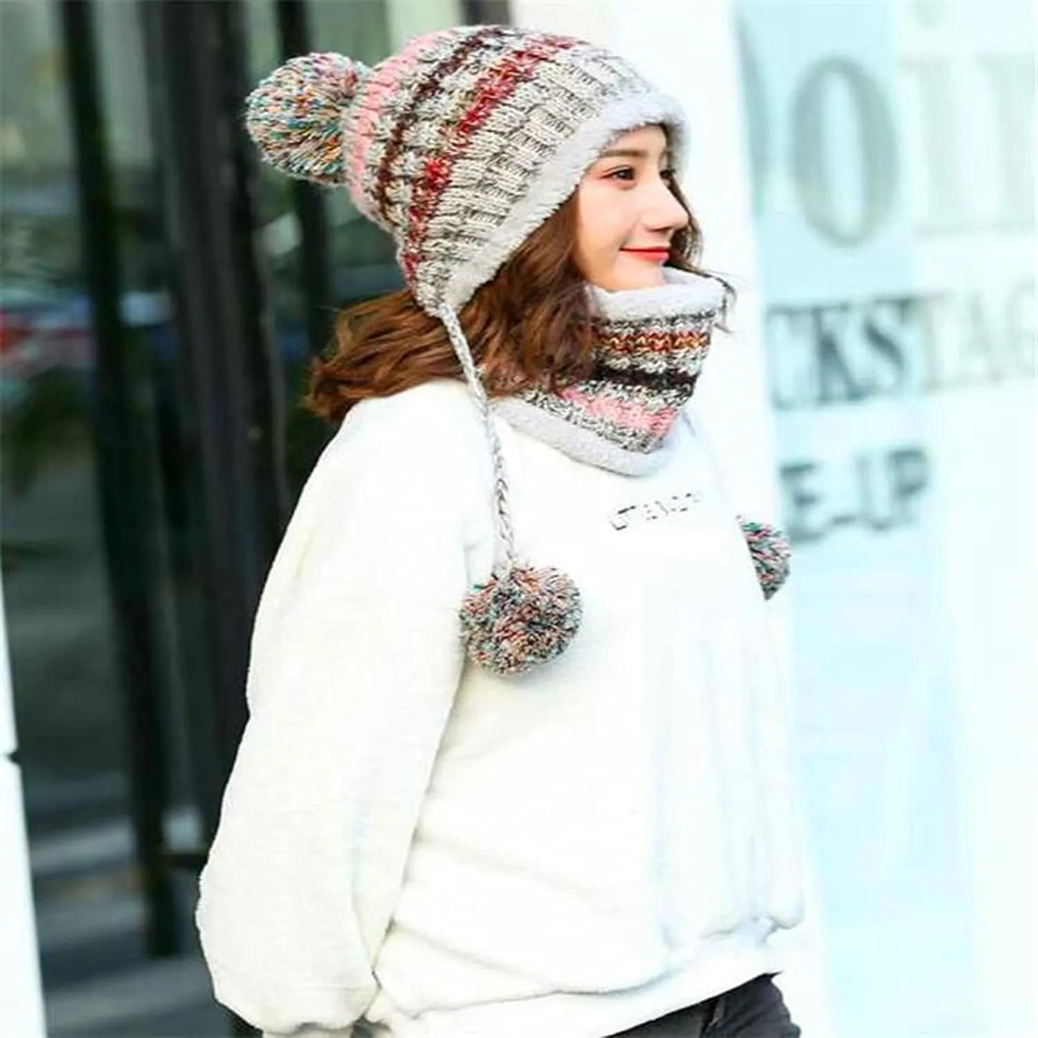 Womens Winter Beanie Hat Warm Fleece Lined Knitted Soft Ski Cap with Pom Pom Christmas Hat for Cold Weather