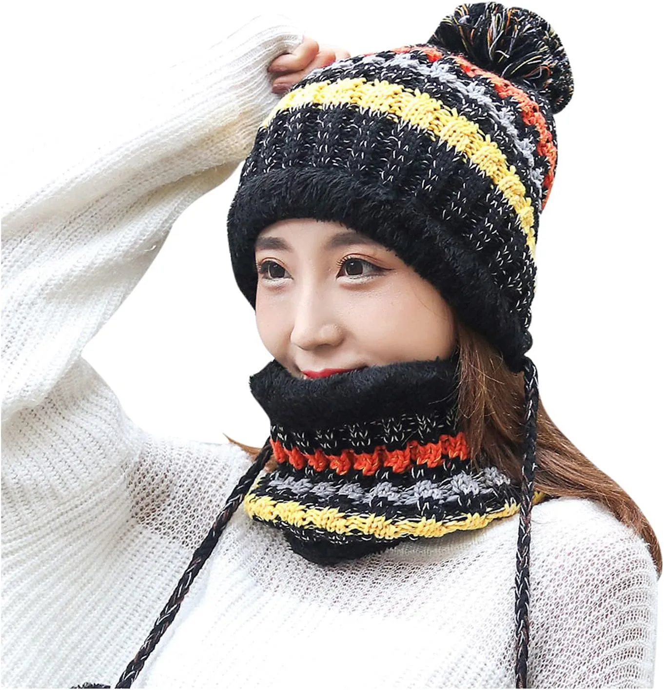 Womens Winter Beanie Hat Warm Fleece Lined Knitted Soft Ski Cap with Pom Pom Christmas Hat for Cold Weather