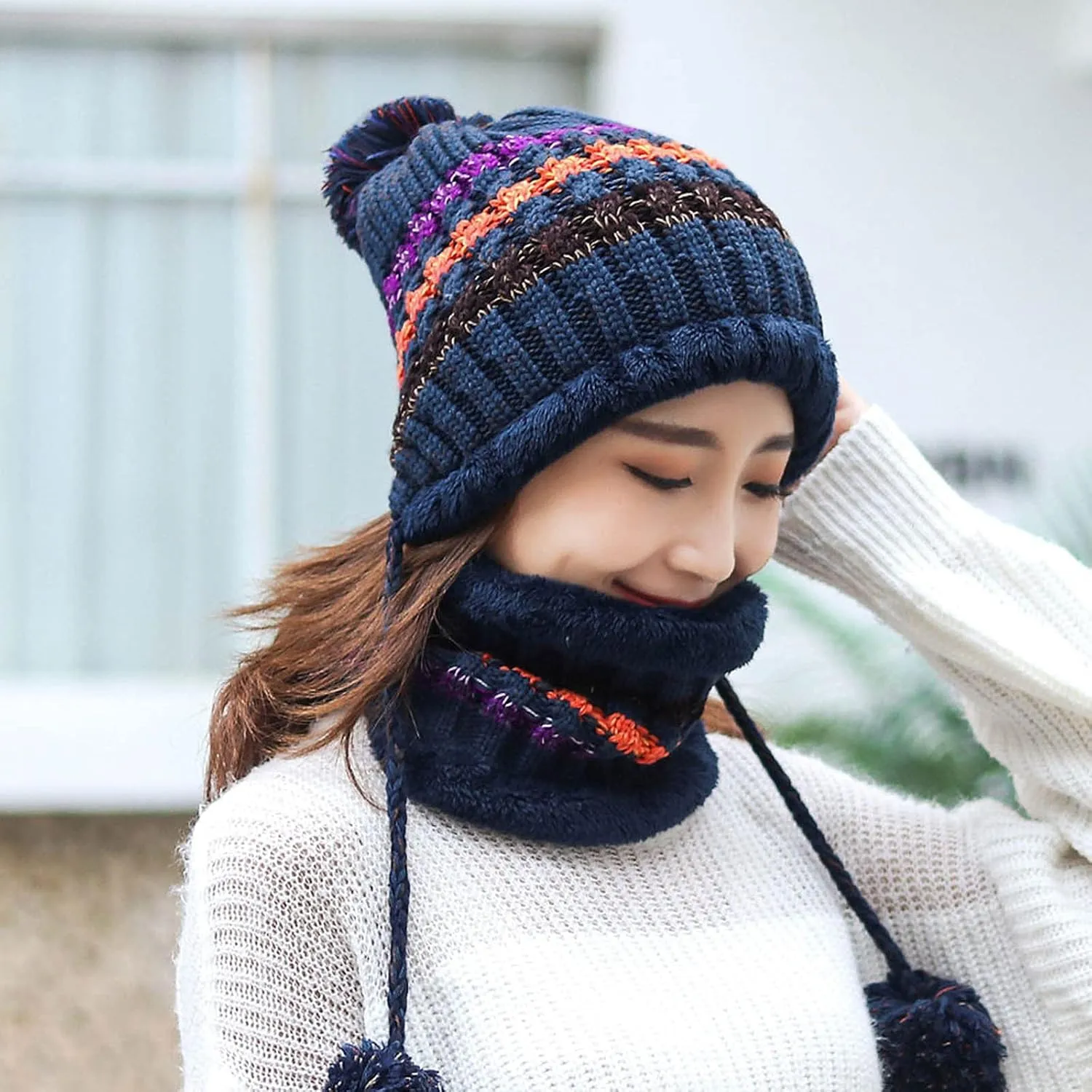 Womens Winter Beanie Hat Warm Fleece Lined Knitted Soft Ski Cap with Pom Pom Christmas Hat for Cold Weather