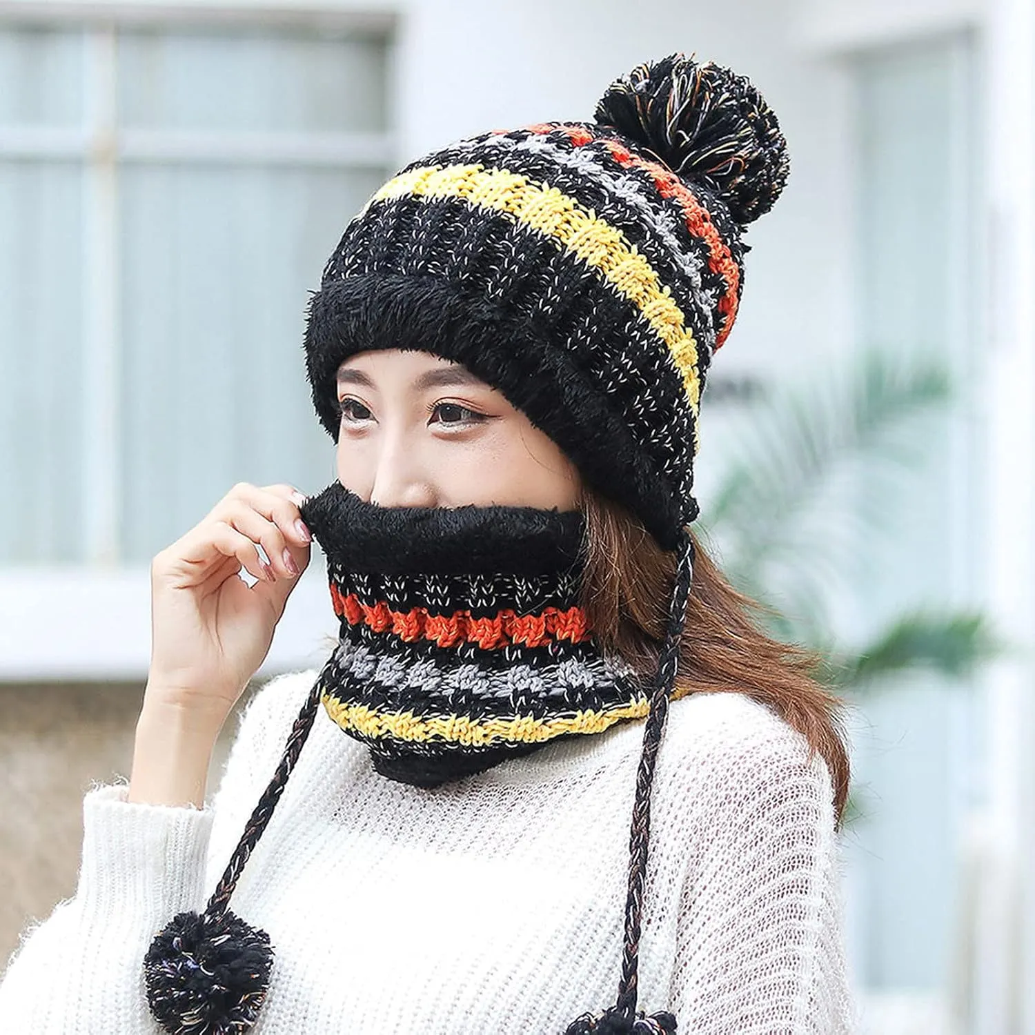 Womens Winter Beanie Hat Warm Fleece Lined Knitted Soft Ski Cap with Pom Pom Christmas Hat for Cold Weather