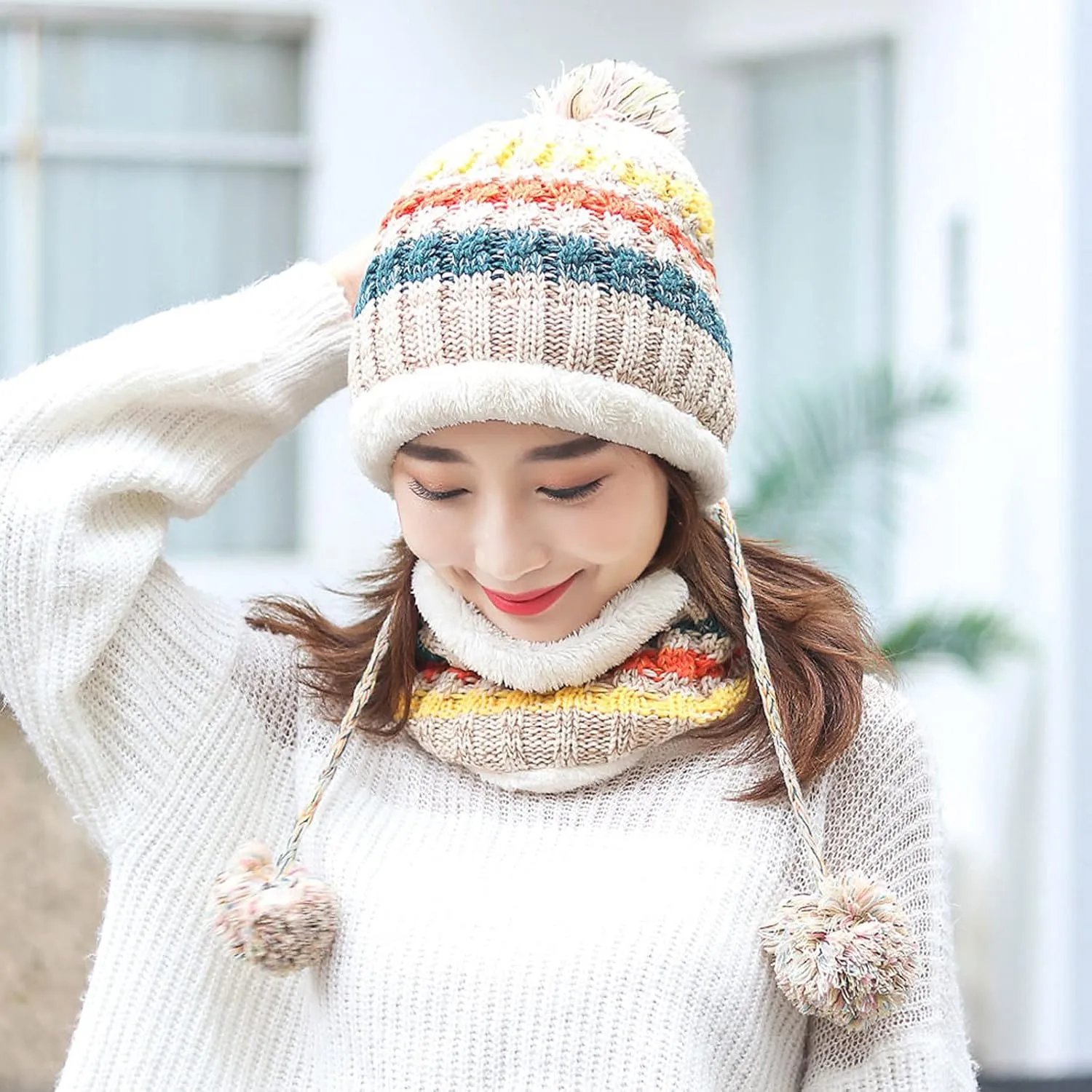 Womens Winter Beanie Hat Warm Fleece Lined Knitted Soft Ski Cap with Pom Pom Christmas Hat for Cold Weather