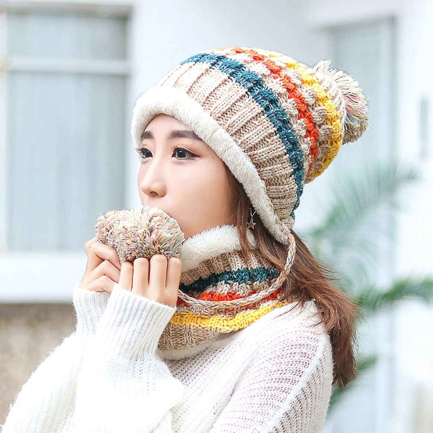 Womens Winter Beanie Hat Warm Fleece Lined Knitted Soft Ski Cap with Pom Pom Christmas Hat for Cold Weather