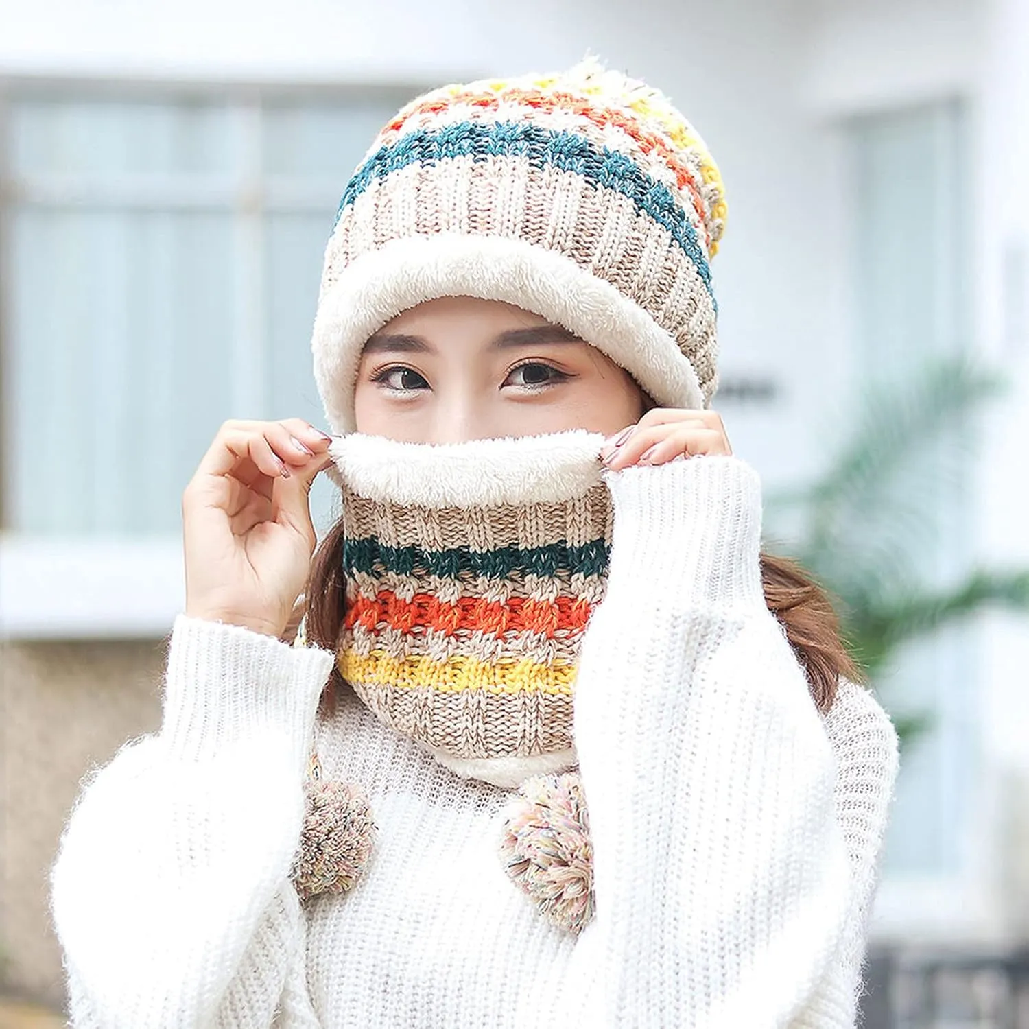Womens Winter Beanie Hat Warm Fleece Lined Knitted Soft Ski Cap with Pom Pom Christmas Hat for Cold Weather
