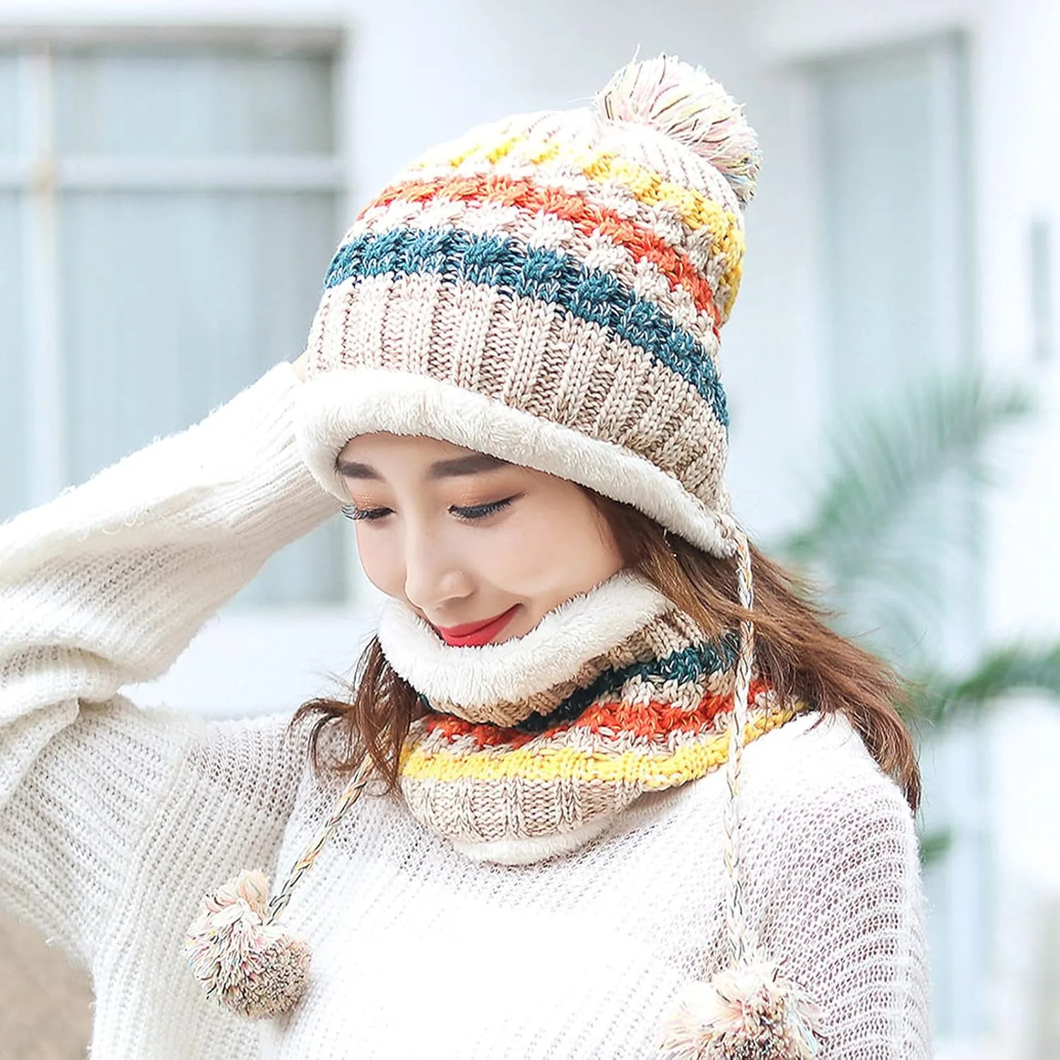 Womens Winter Beanie Hat Warm Fleece Lined Knitted Soft Ski Cap with Pom Pom Christmas Hat for Cold Weather
