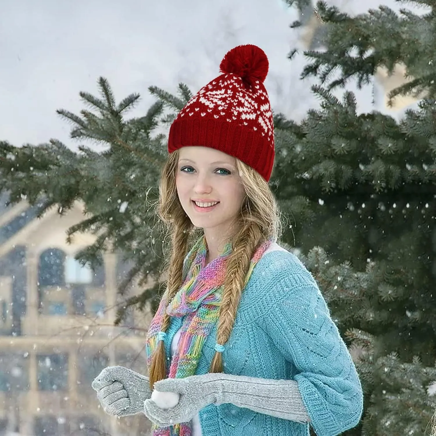 Womens Winter Beanie Hat, Warm Fleece Lined Knitted Soft Ski Cuff Cap with Pom Pom Christmas Fuzzy Hat