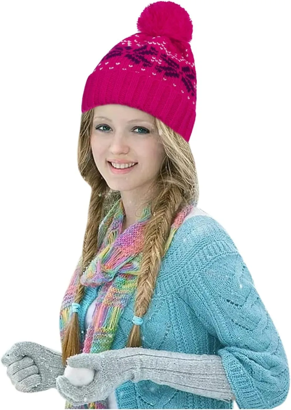 Womens Winter Beanie Hat, Warm Fleece Lined Knitted Soft Ski Cuff Cap with Pom Pom Christmas Fuzzy Hat