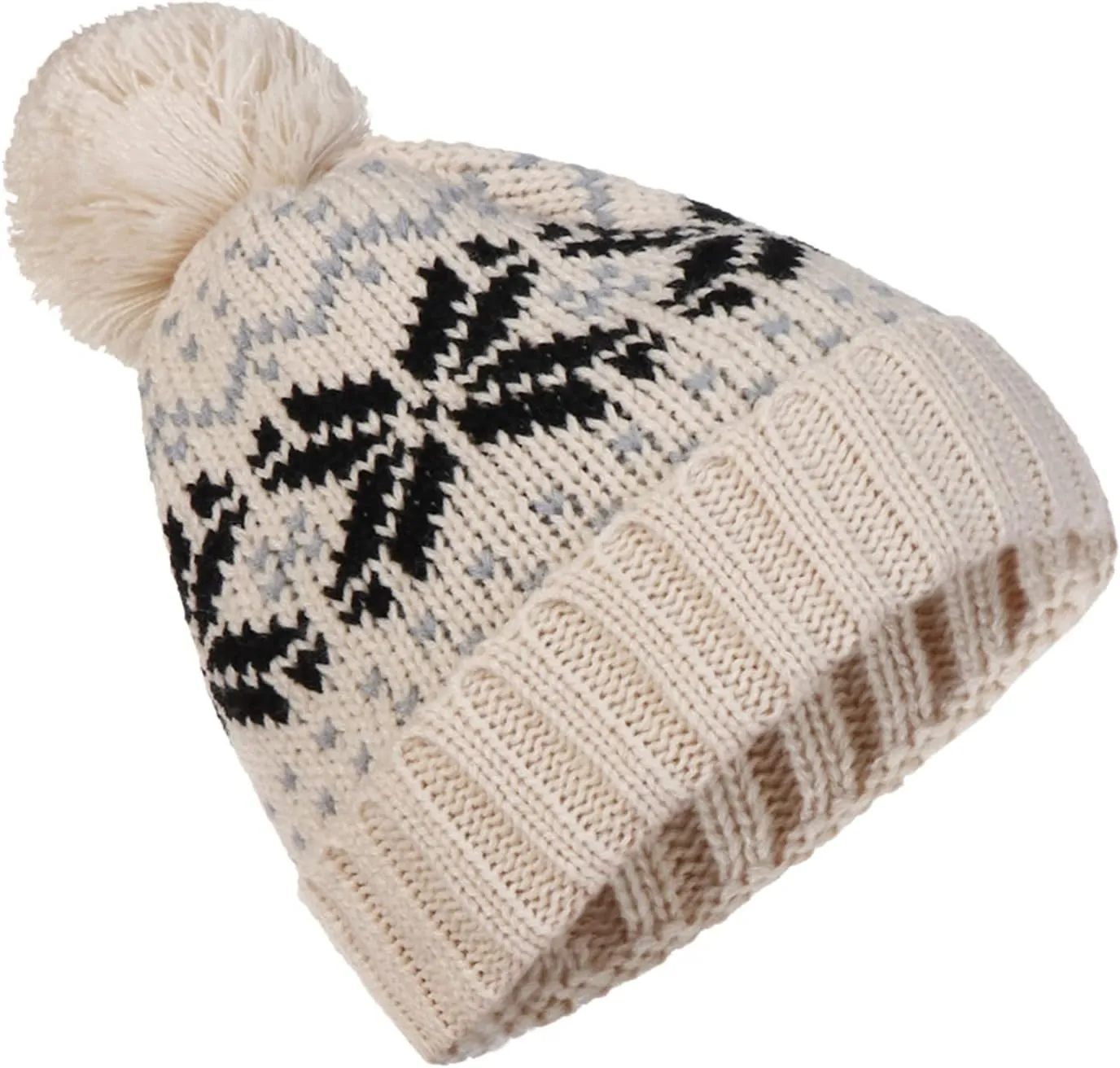 Womens Winter Beanie Hat, Warm Fleece Lined Knitted Soft Ski Cuff Cap with Pom Pom Christmas Fuzzy Hat