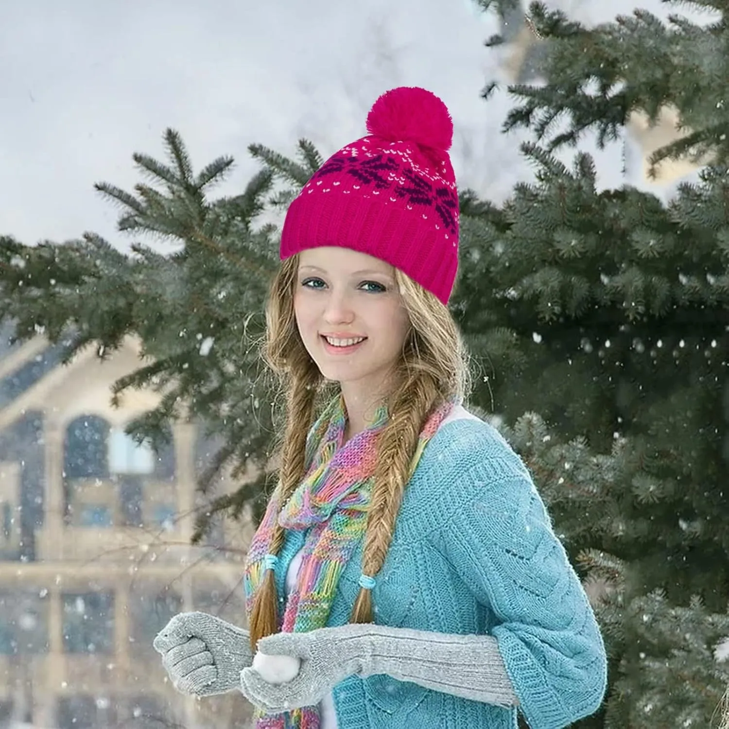 Womens Winter Beanie Hat, Warm Fleece Lined Knitted Soft Ski Cuff Cap with Pom Pom Christmas Fuzzy Hat