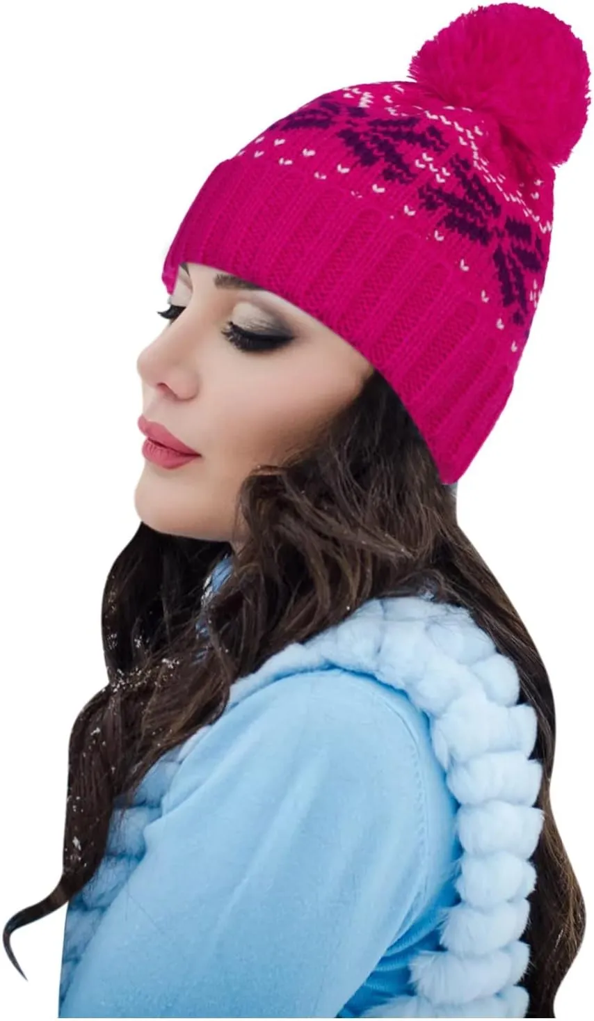 Womens Winter Beanie Hat, Warm Fleece Lined Knitted Soft Ski Cuff Cap with Pom Pom Christmas Fuzzy Hat