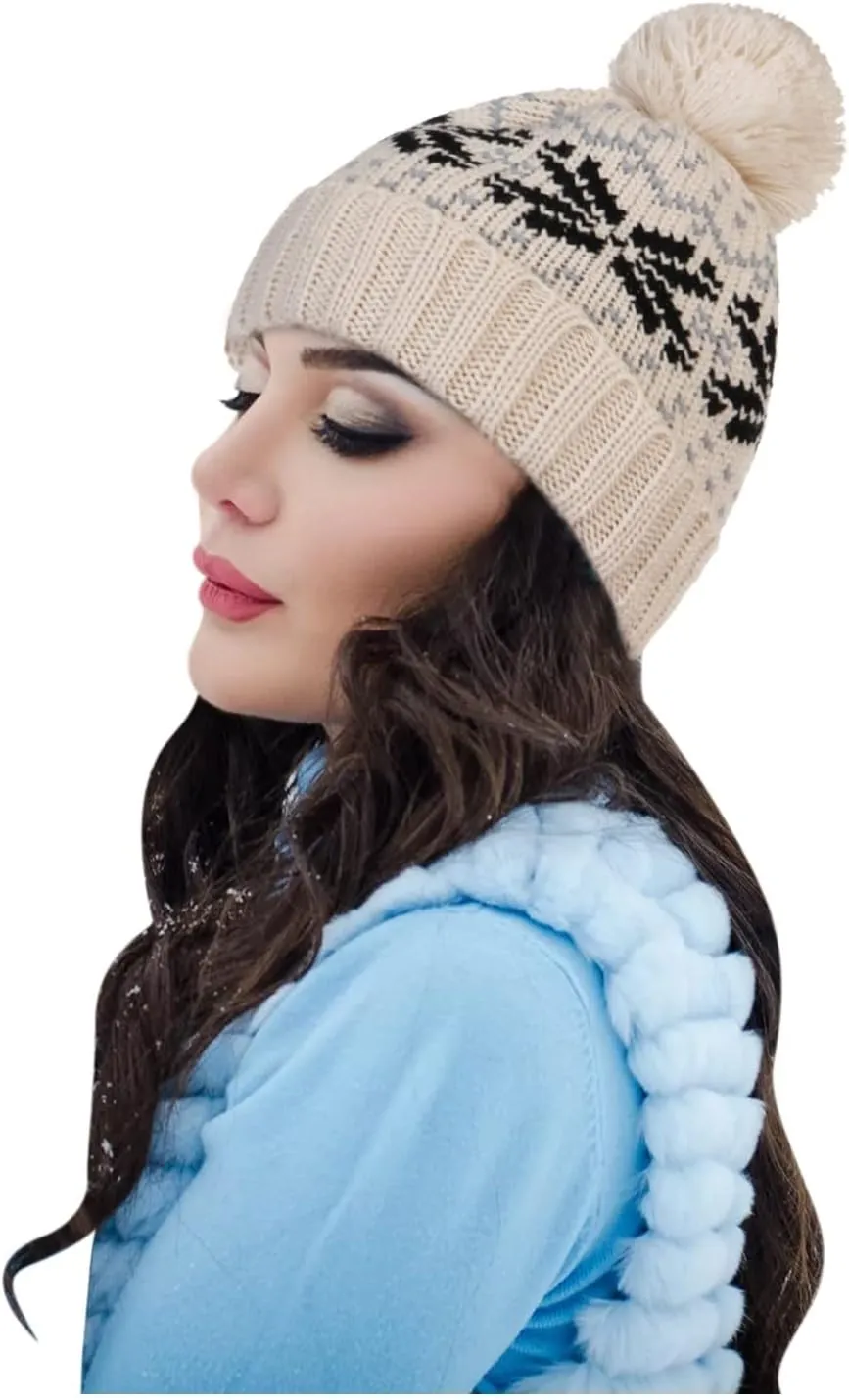 Womens Winter Beanie Hat, Warm Fleece Lined Knitted Soft Ski Cuff Cap with Pom Pom Christmas Fuzzy Hat