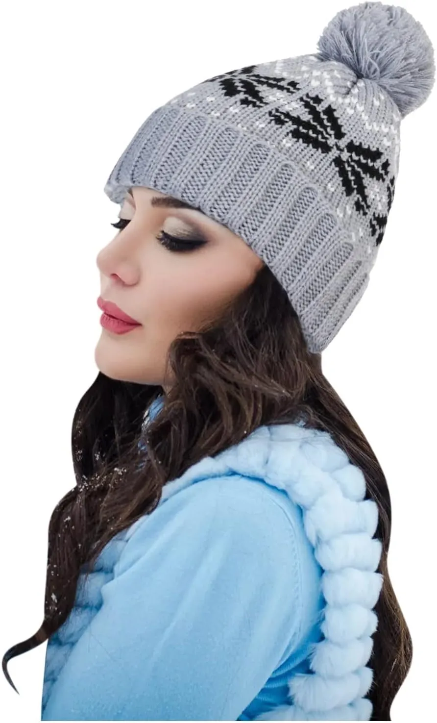 Womens Winter Beanie Hat, Warm Fleece Lined Knitted Soft Ski Cuff Cap with Pom Pom Christmas Fuzzy Hat