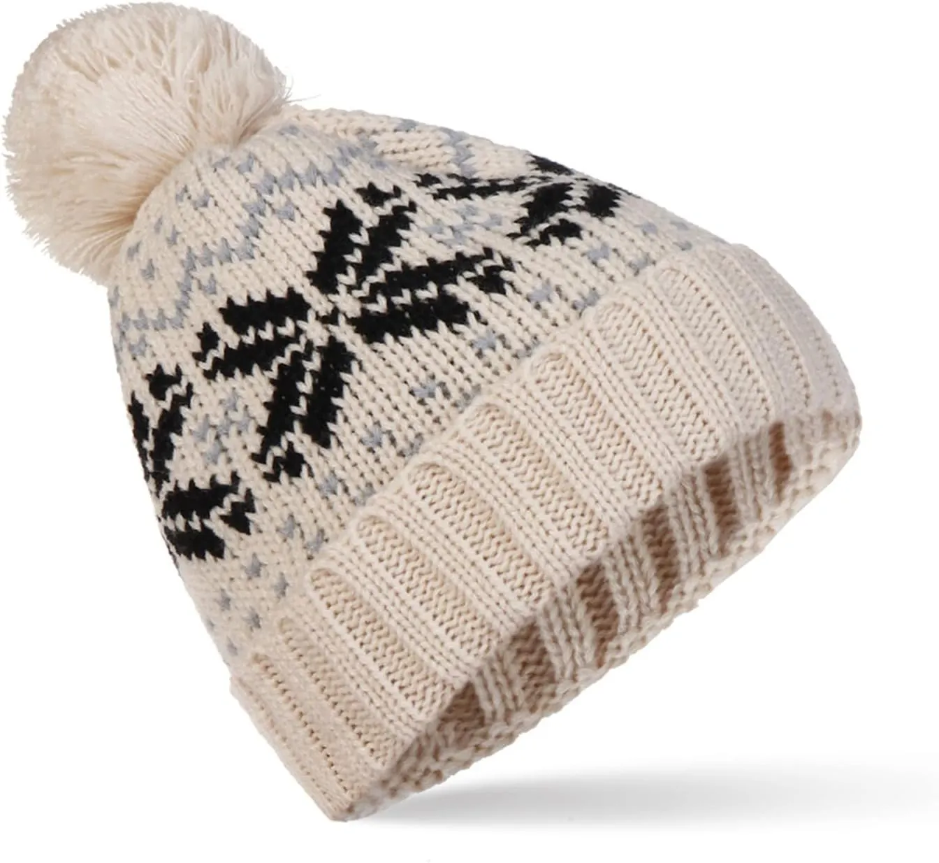 Womens Winter Beanie Hat, Warm Fleece Lined Knitted Soft Ski Cuff Cap with Pom Pom Christmas Fuzzy Hat